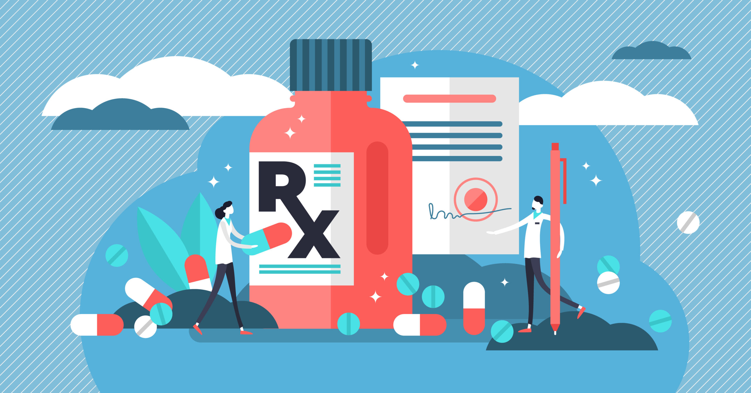 RX medical prescription drug illustration. Flat concept with patients, pills, capsules, drugs and physician. Prescription drug plans cover some or all medication costs