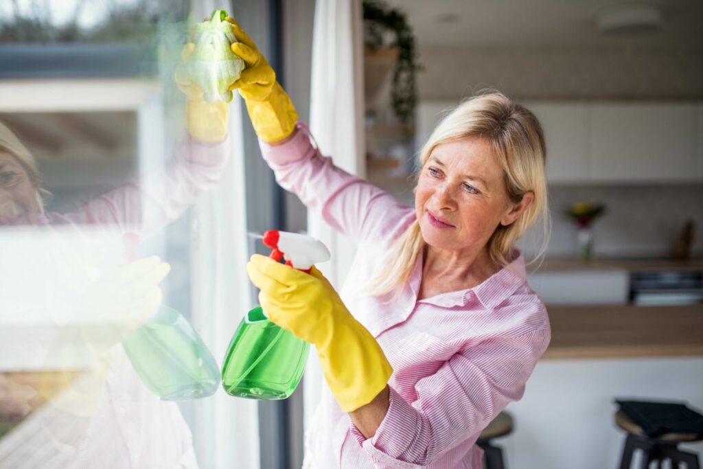 Senior woman with gloves cleaning windows indoors at home, washing windows at height and not overreaching is one of the many top spring cleaning tips.