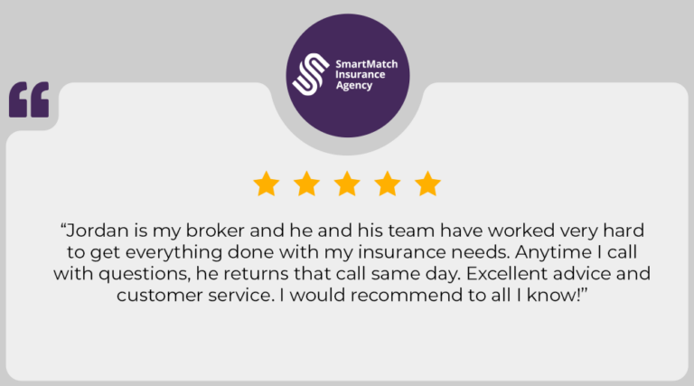 5 star review: "“Jordan is my broker and he and his team have worked very hard to get everything done with my insurance needs. Anytime I call with questions, he returns that call same day. Excellent advice and customer service. I would recommend to all I know!”