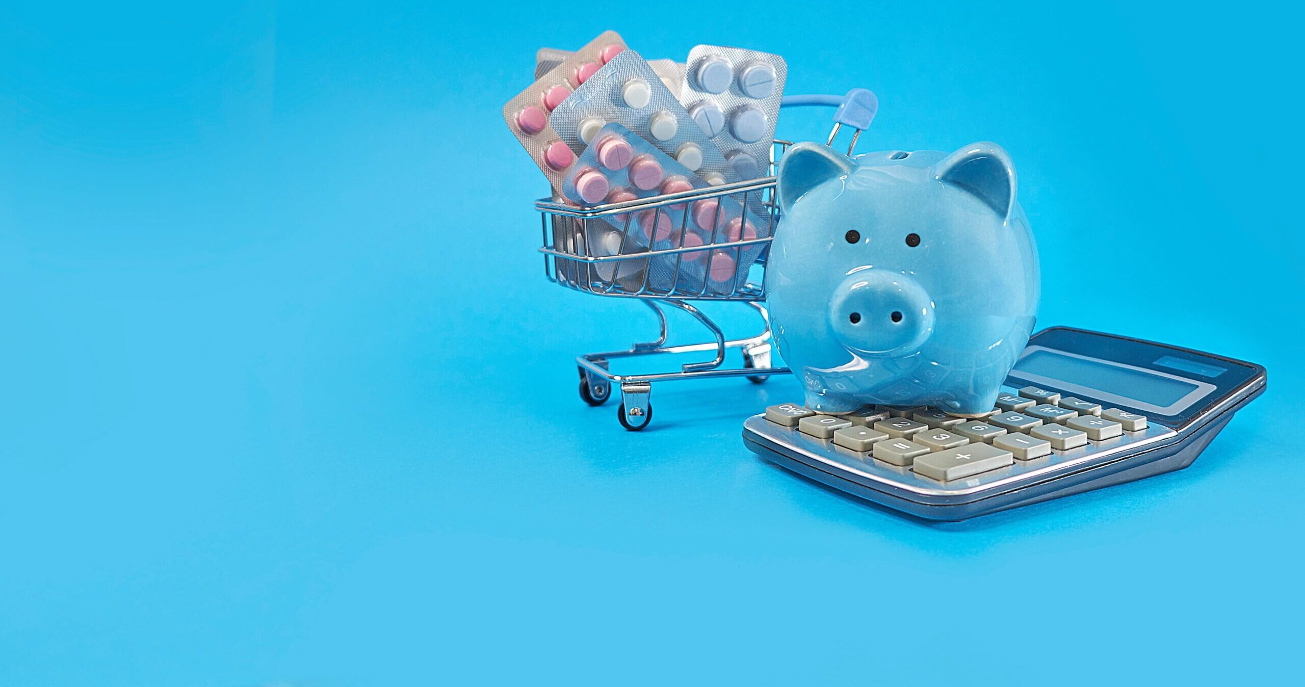 piggy bank and basket with pills on a blue background, concept of how to save on prescription drug formulary costs