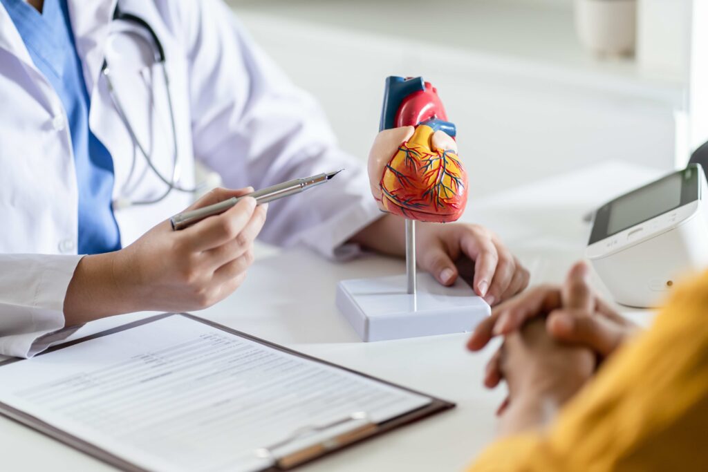 Doctor cardiologist while consultation showing anatomical model of human heart with aged patient talking about heart diseases. Concept for article Medicare Advantage and heart disease.