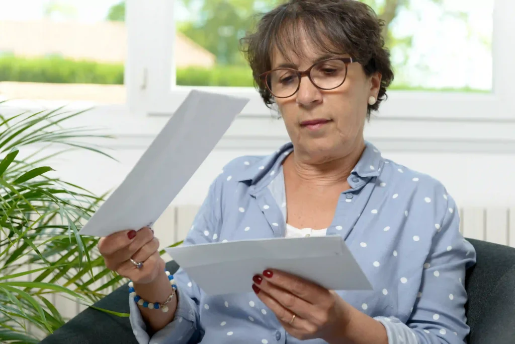 A middle-aged woman with glasses and a blue polka-dot shirt sits indoors, holding and carefully reviewing a piece of mail meant to imply from Clear Spring Health with a serious, focused expression.