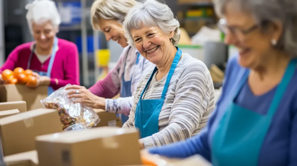 Four older women wearing aprons smiling while packing cardboard boxes in a warehouse. Concept for Medicare work requirements in 2027.